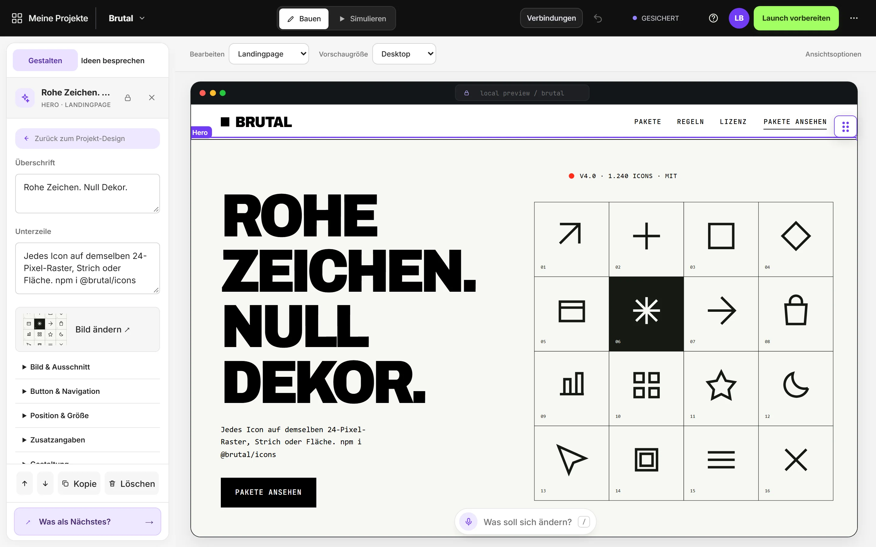 The Geckify Builder with the Brutal example open: the landing page in a browser frame, its hero selected with a violet outline, the inspector with headline and subline on the left, the change prompt below